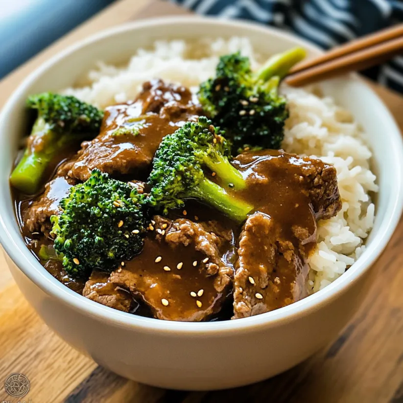 A bowl of beef and broccoli with rice.