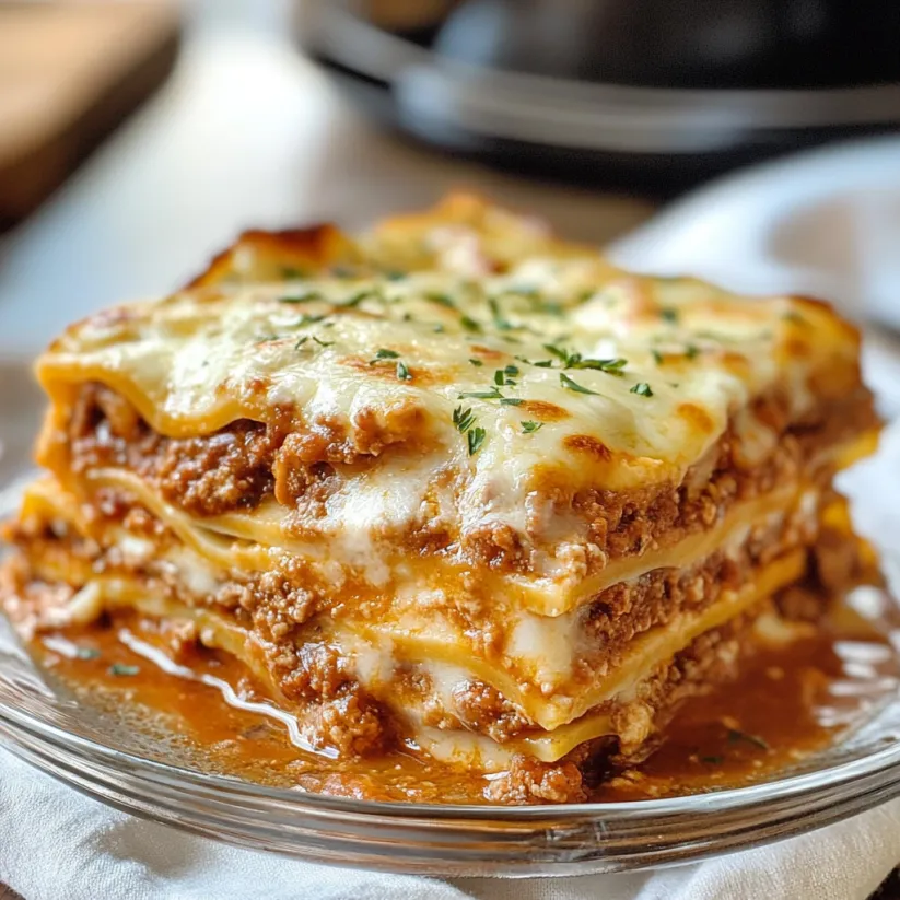 A plate of lasagna with cheese and sauce.
