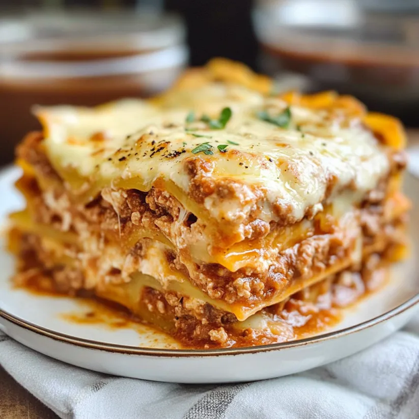 A plate of lasagna with a fork on it.