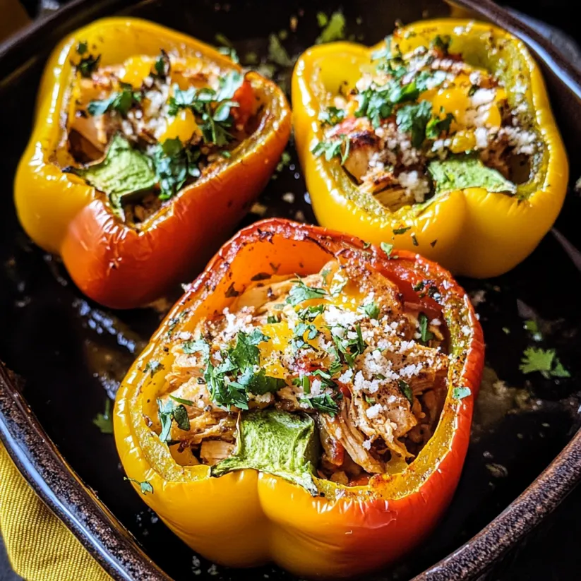 Three Mexican chicken stuffed peppers on a plate.
