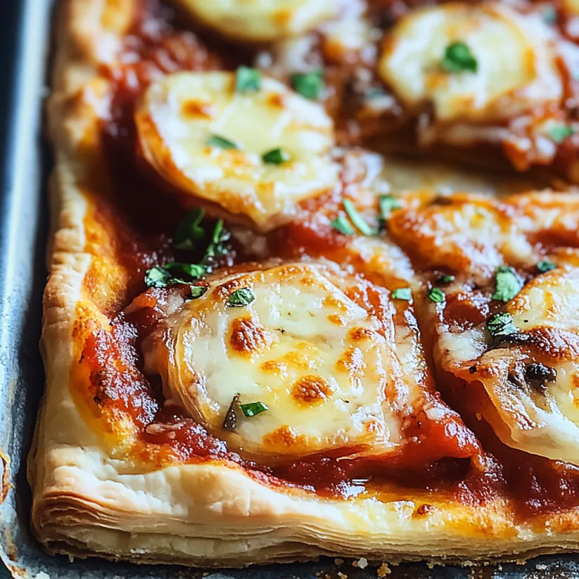 A close up of a pizza with cheese and herbs.