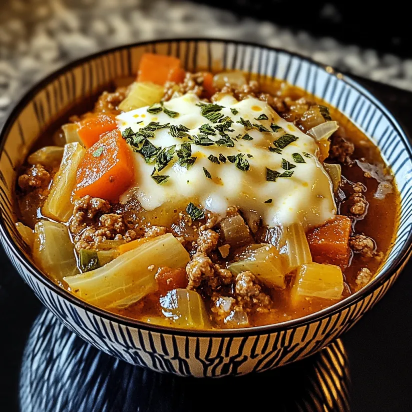 A bowl of soup with a dollop of sour cream on top.