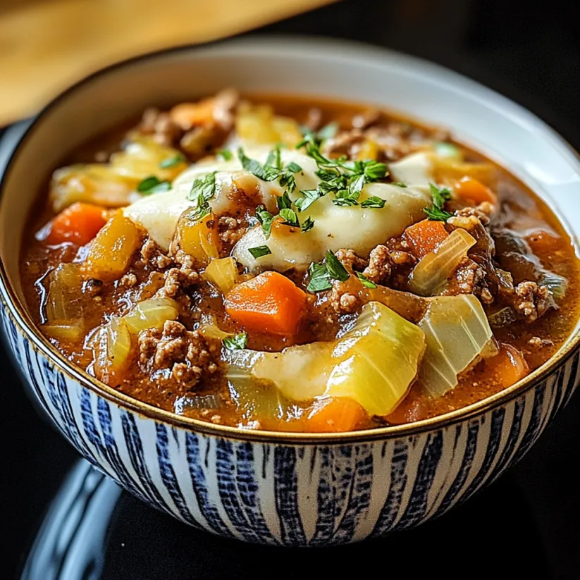 A bowl of soup with meat and vegetables.