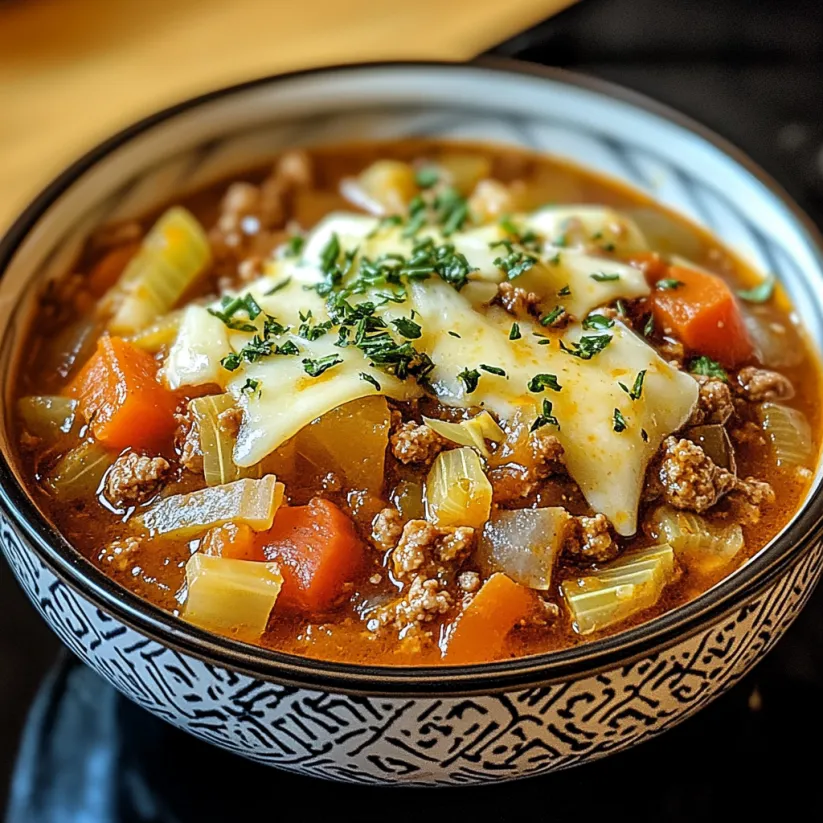 A bowl of cabbage soup with ground beef.