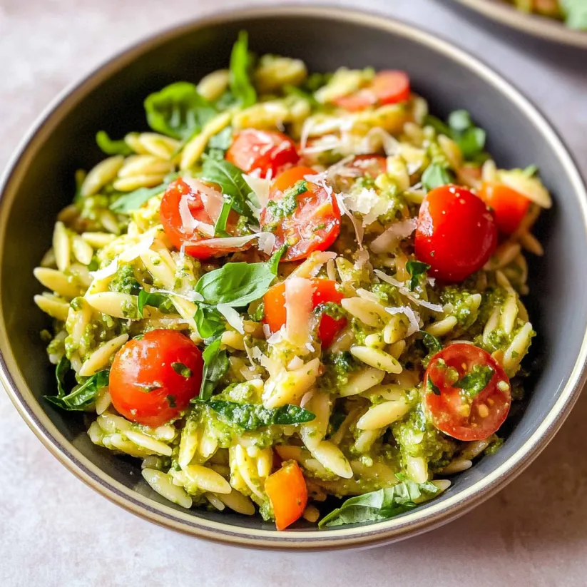 A bowl of pasta salad with tomatoes, basil, and chickpeas.