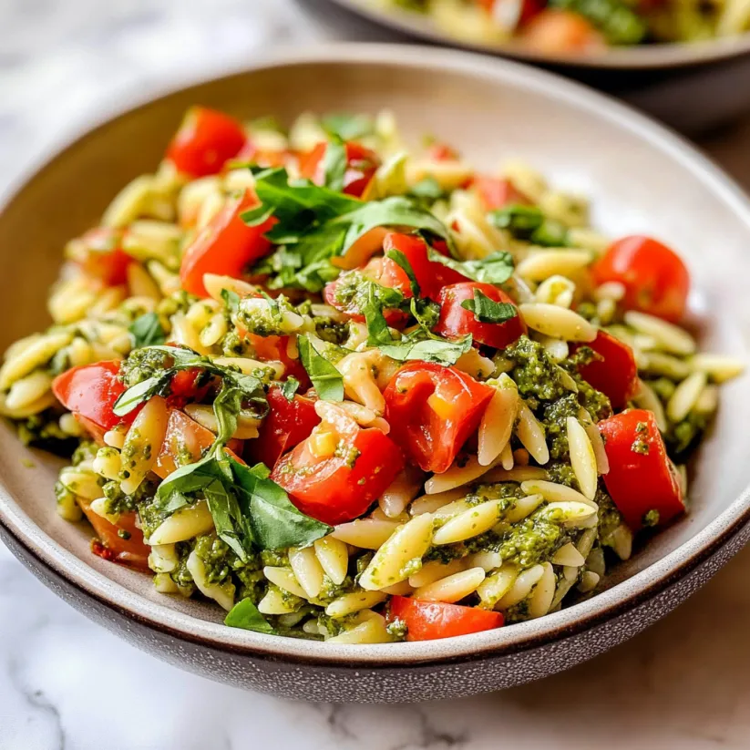 A bowl of pasta salad with chickpeas and pesto.