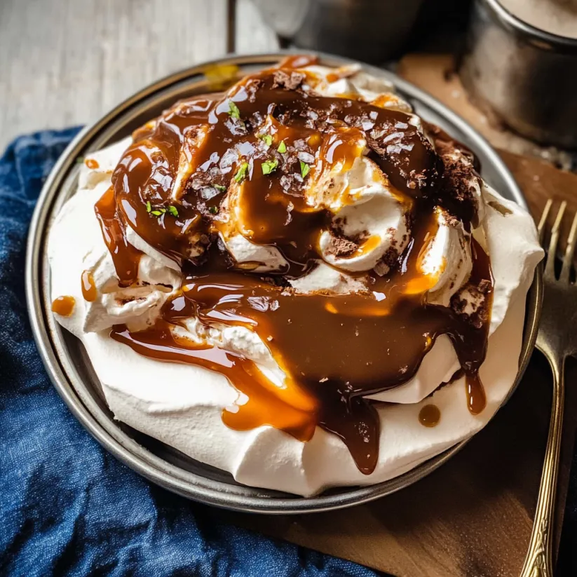 A dessert with chocolate sauce and whipped cream.