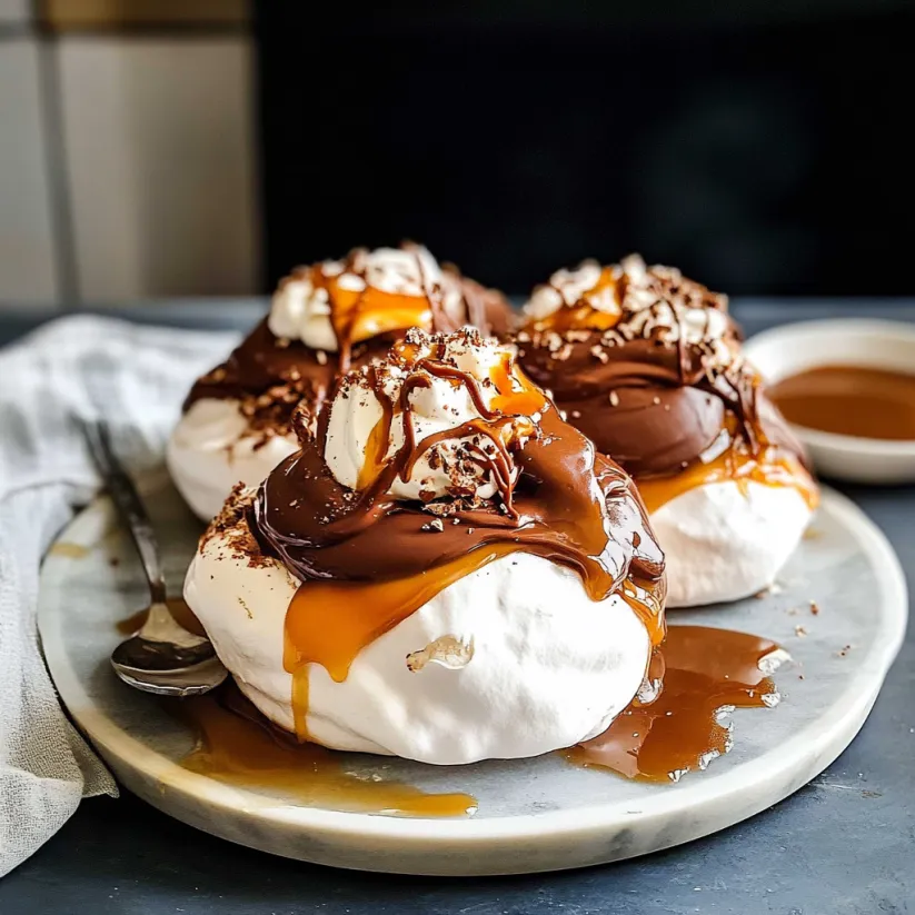 A plate of chocolate pavlova with salted caramel sauce.