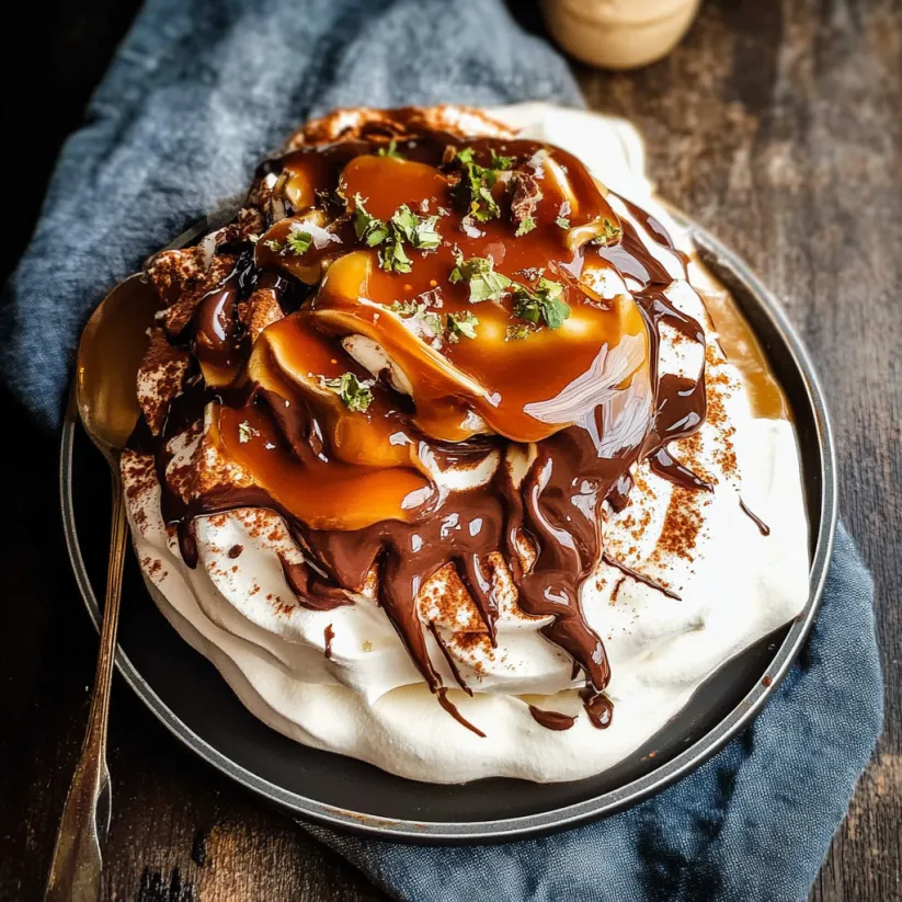 A chocolate pavlova with salted caramel sauce.