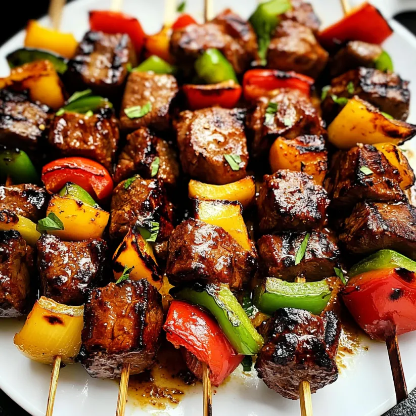 A plate of Hawaiian steak kebabs.