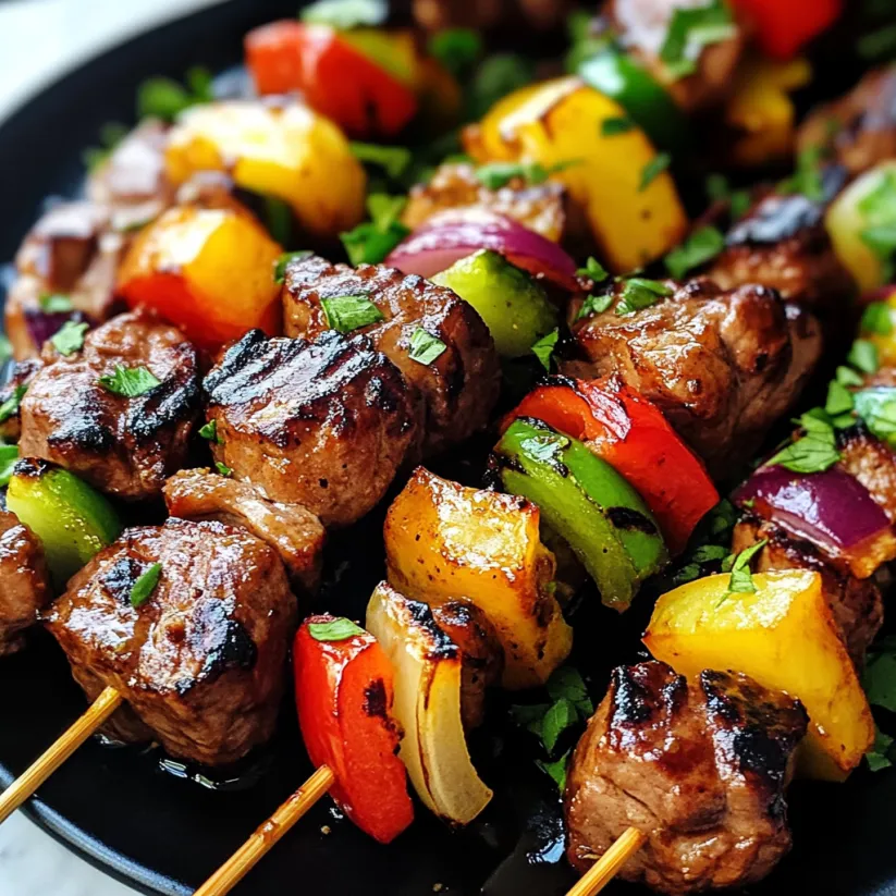 A plate of Hawaiian steak kebabs.