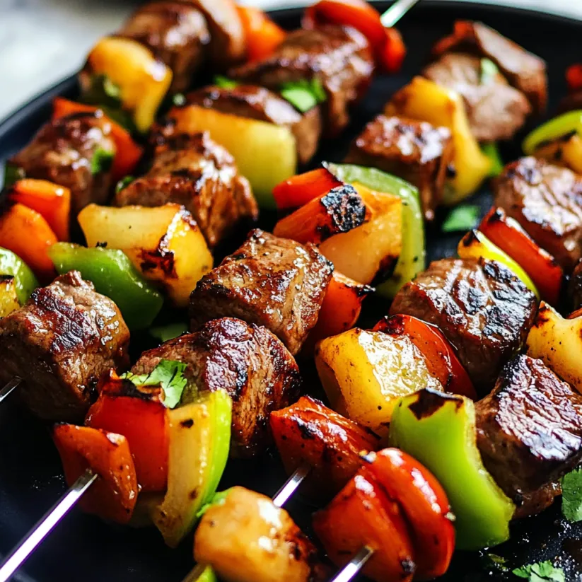 A plate of Hawaiian steak kebabs.