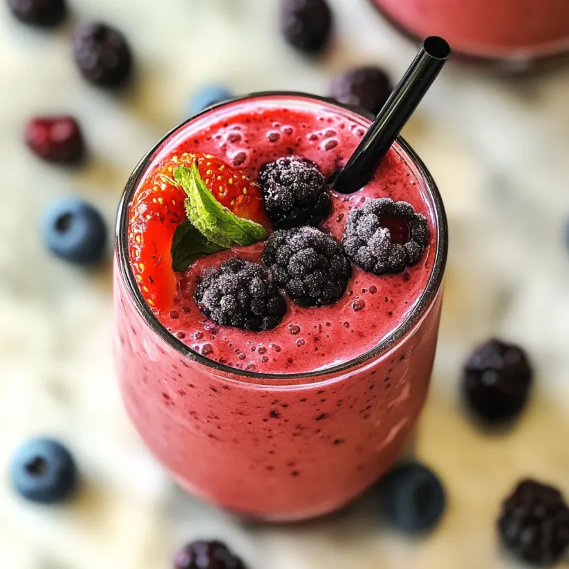 A glass of mixed berry smoothie with a straw.