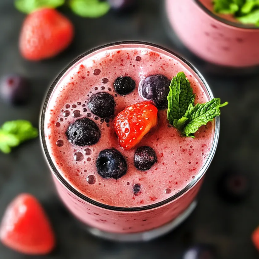 A glass of mixed berry smoothie with a strawberry on top.