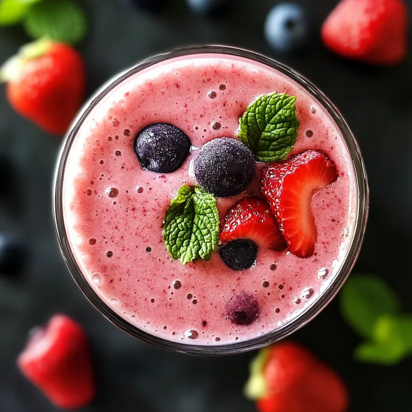 A glass of mixed berry smoothie with strawberries and blueberries.