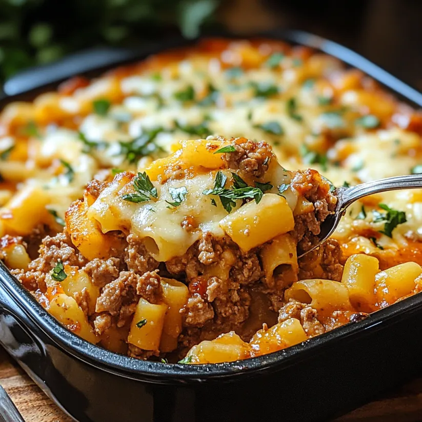 A close up of a beef lombardi casserole.