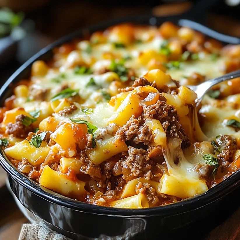 A close up of a beef Lombardi Casserole.