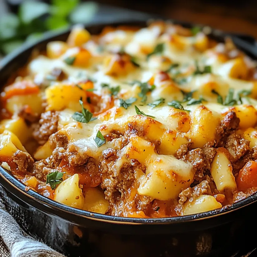 A close up of a beef Lombardi casserole.