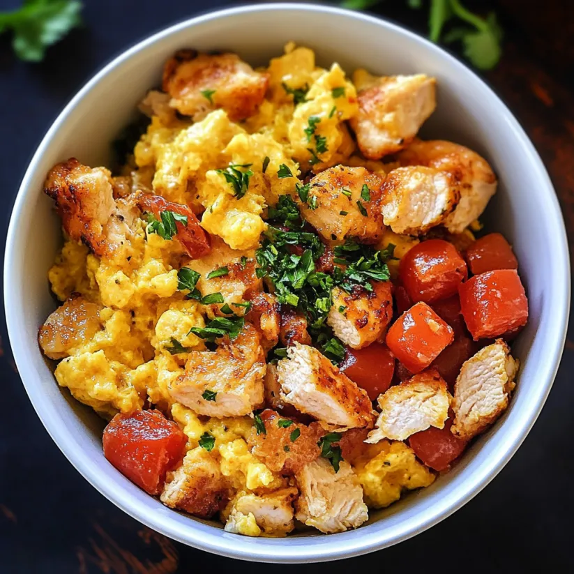 A bowl of chicken scramble.
