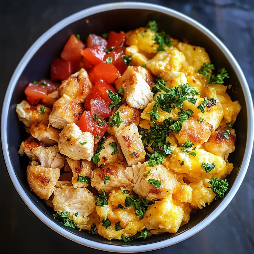 A bowl of chicken scramble.