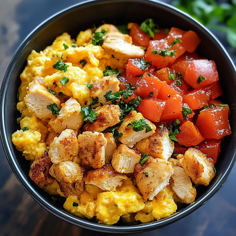 A bowl of chicken scramble with tomatoes and herbs.