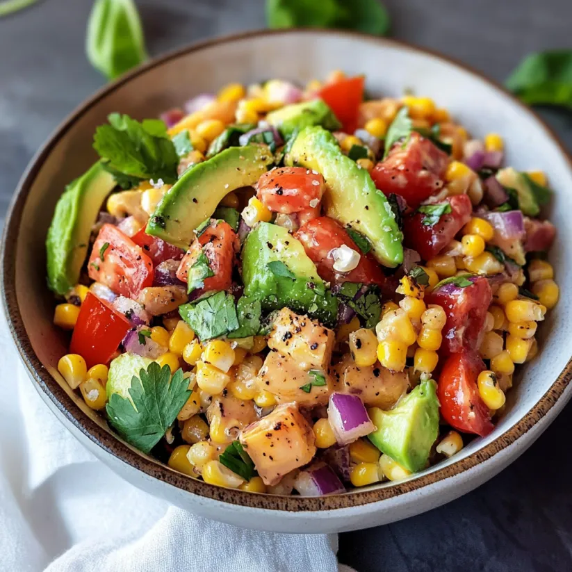 A bowl of avocado corn salad.