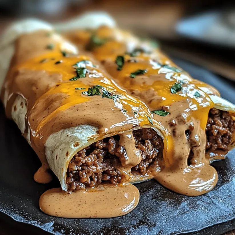 A delicious cheesy ground beef wrap with a creamy sauce.
