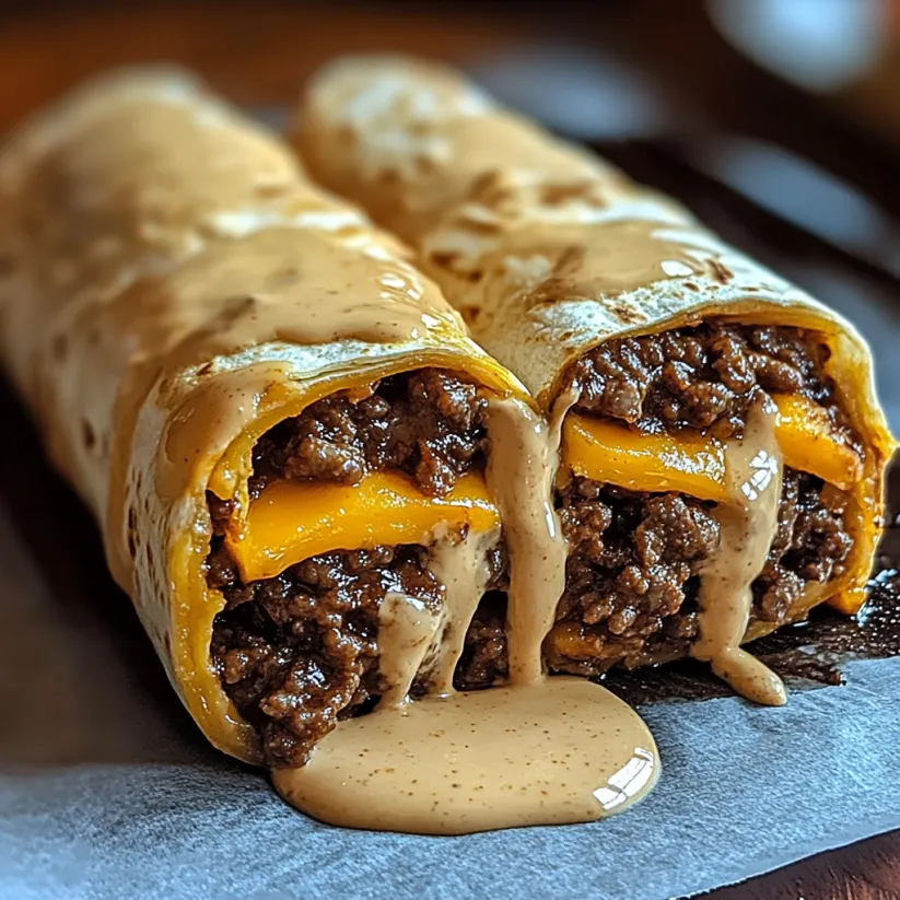 A cheesy ground beef delight wrap with creamy sauce.