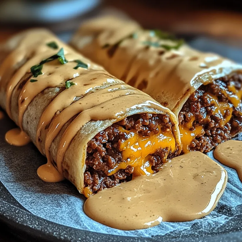 A cheesy ground beef delight wrap with creamy sauce.