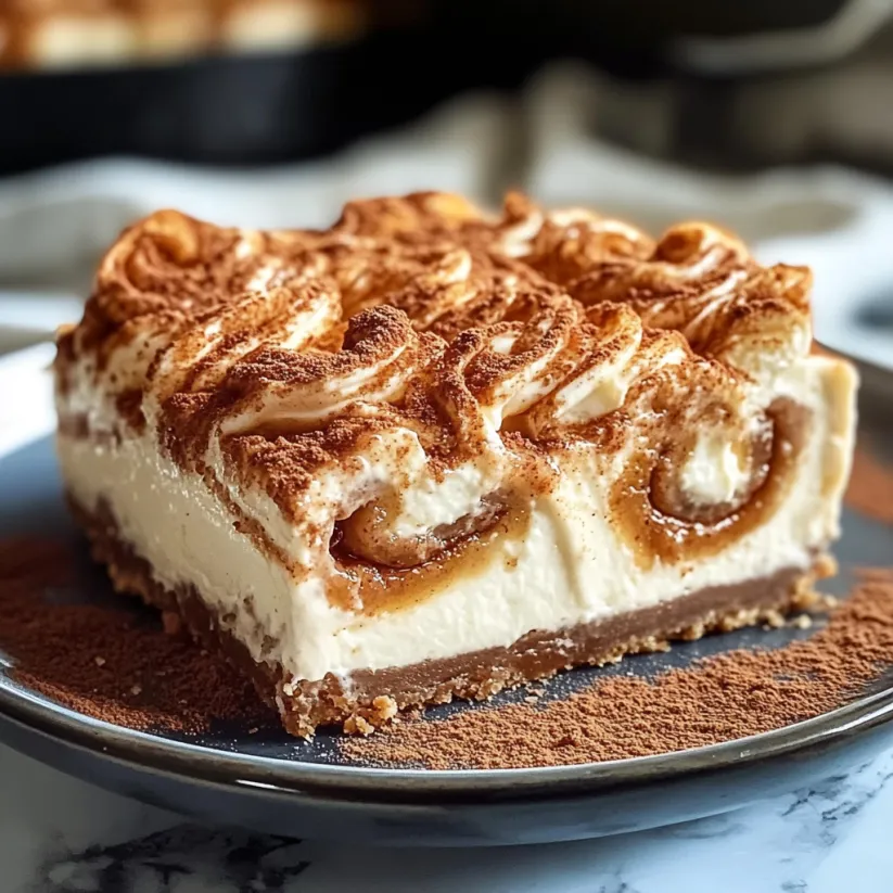 A slice of cinnamon roll cheesecake on a plate.