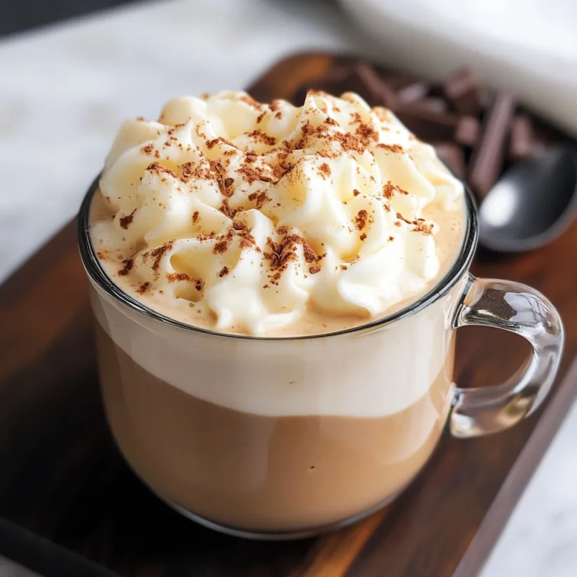 A cup of white chocolate mocha with whipped cream.