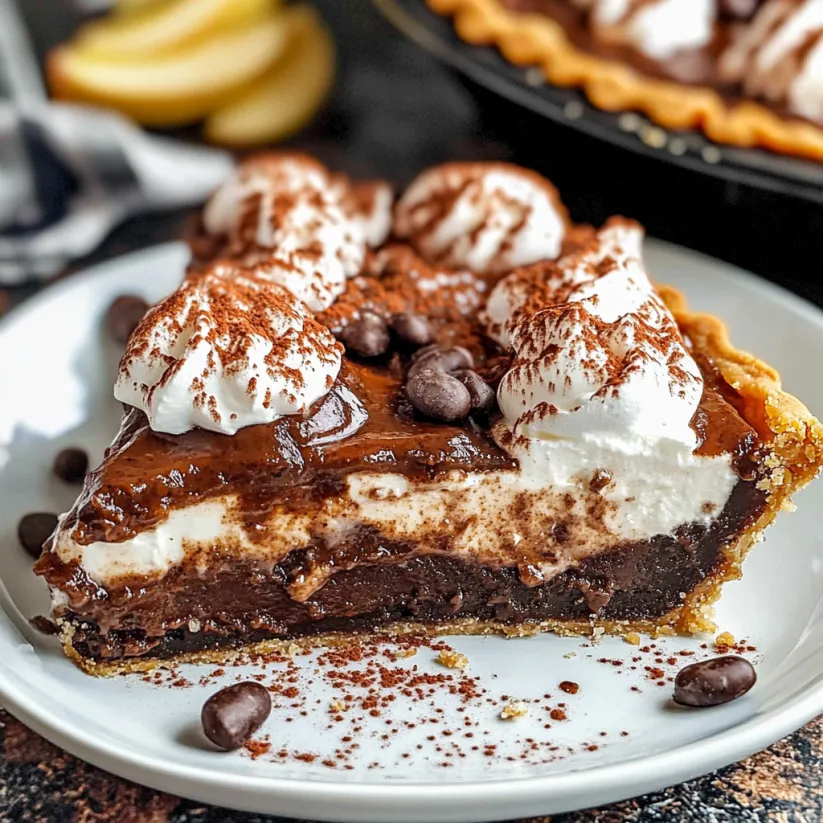 A slice of chocolate and whipped cream pie.