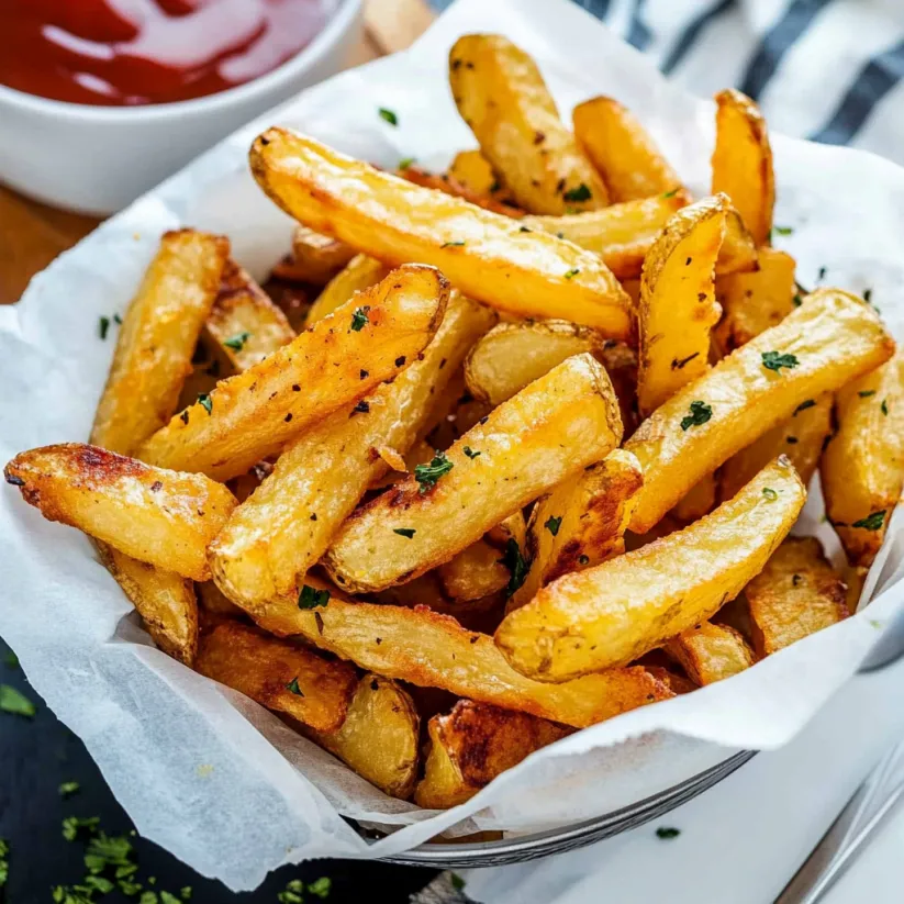A basket of french fries with ketchup.