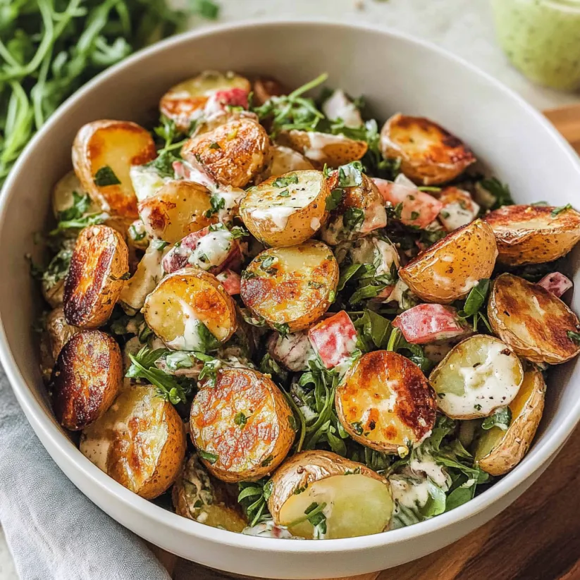A bowl of roasted potato salad.