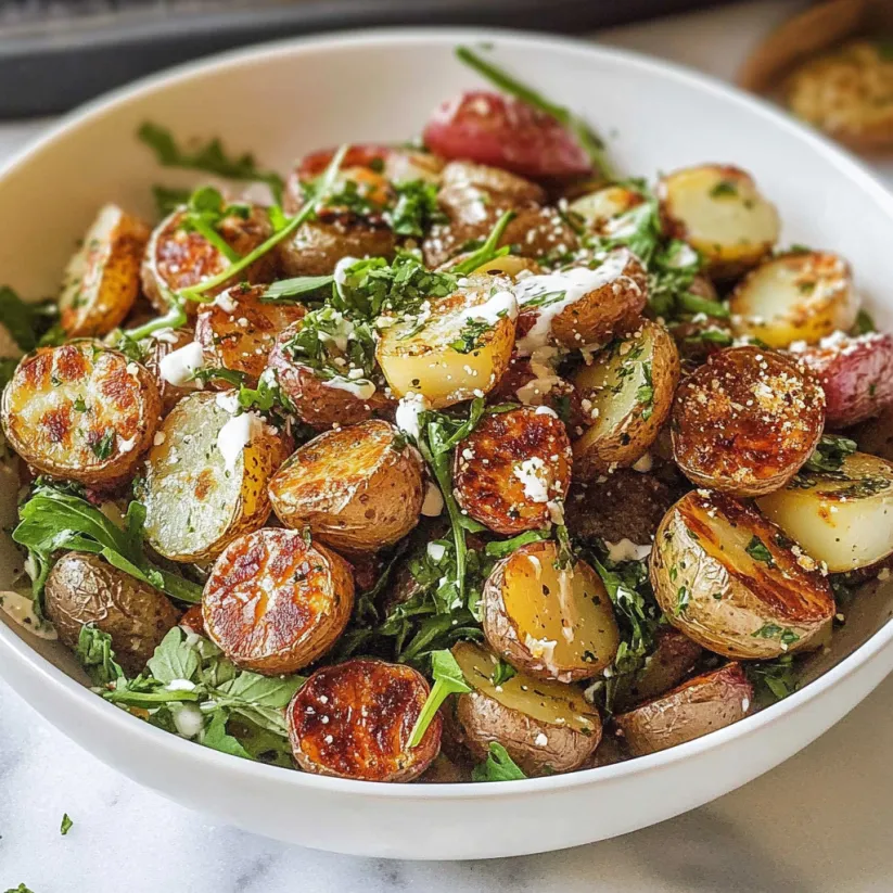 A bowl of roasted potatoes with greens.