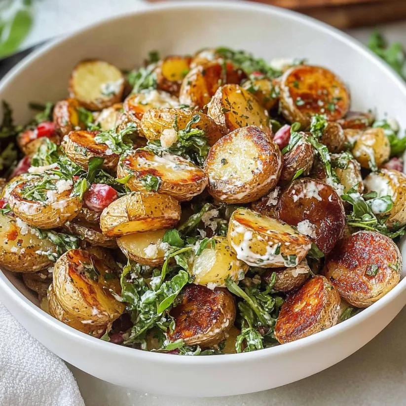 A bowl of roasted potato salad.