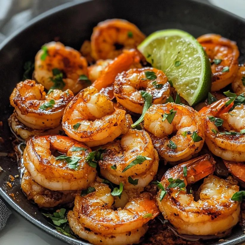 A pan of shrimp with lime and tequila.