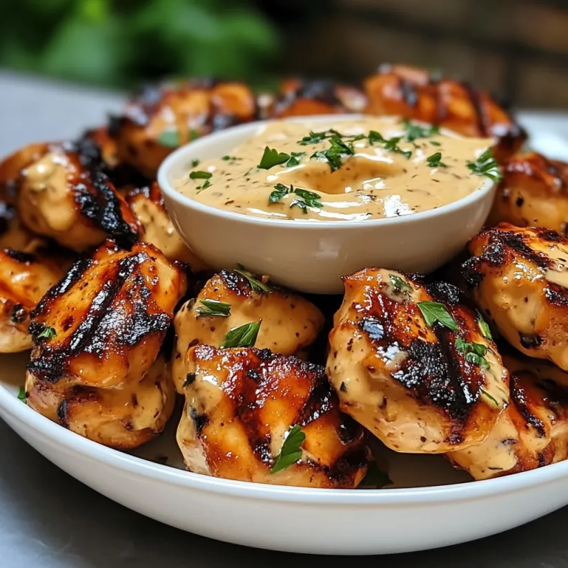 A plate of grilled chicken bites with a creamy garlic sauce.