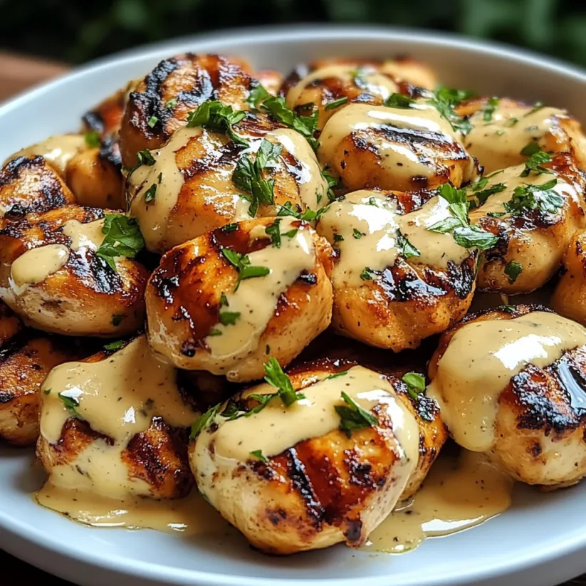 Grilled chicken bites with creamy garlic sauce.