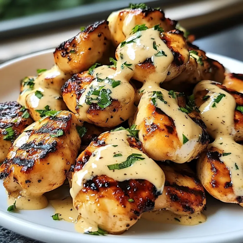 A plate of grilled chicken bites with creamy garlic sauce.