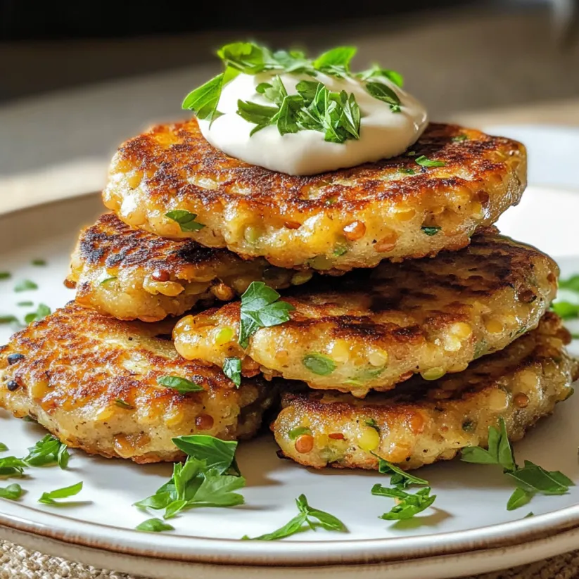 A stack of lentil cakes with a dollop of sour cream on top.