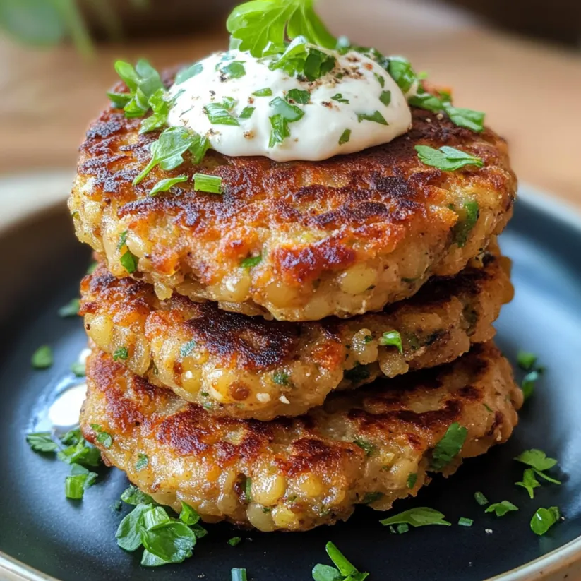 A stack of three lentil cakes with a dollop of sour cream on top.