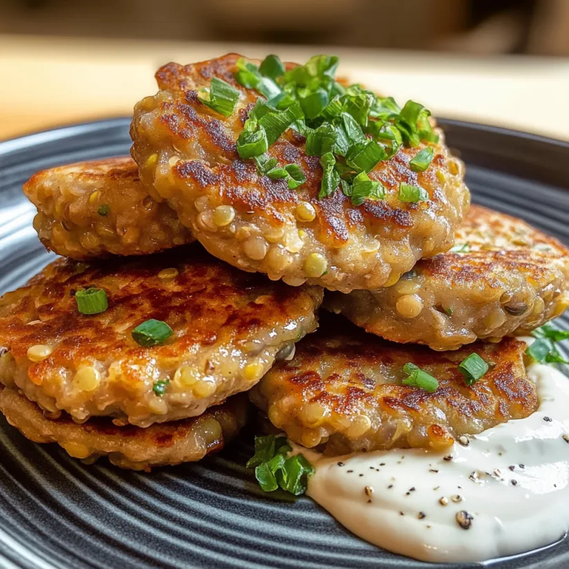 A stack of lentil cakes with a green topping.