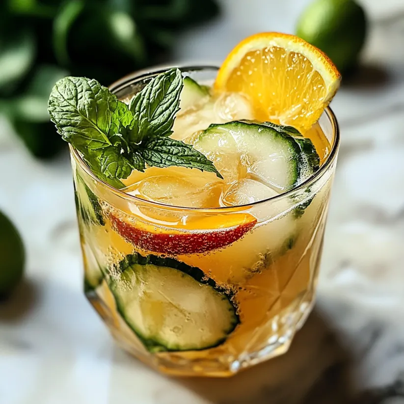 A glass of a refreshing spring cocktail with cucumber and orange slices.
