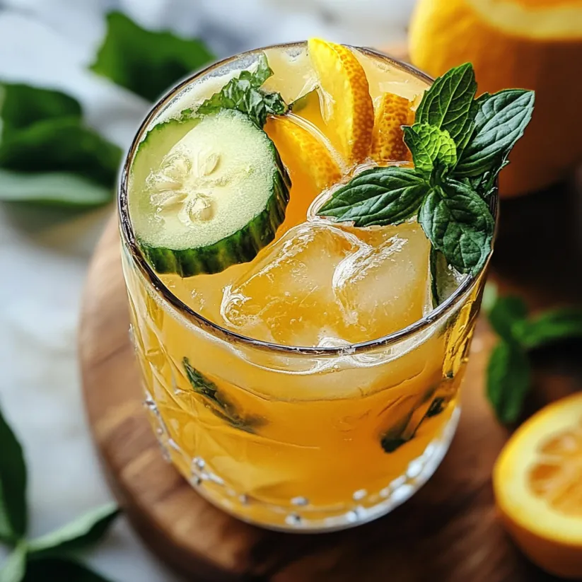 A glass of a refreshing spring cocktail with cucumber and orange slices.