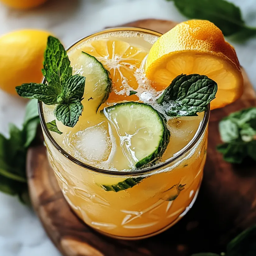 A glass of a refreshing spring cocktail with lemon, cucumber, and mint.