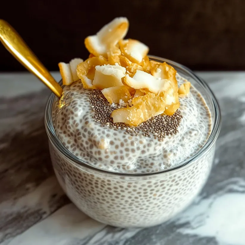A bowl of coconut chia pudding with a spoon in it.
