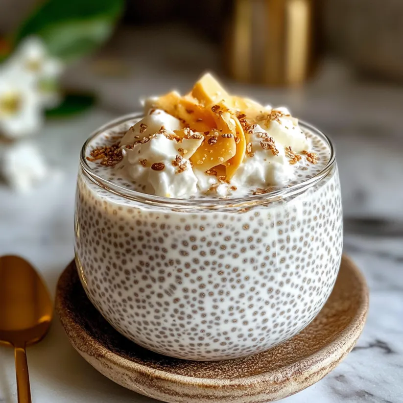 A bowl of coconut chia pudding with a spoon in it.