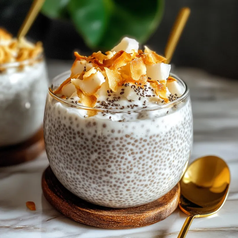 A glass of coconut chia pudding with a spoon in it.