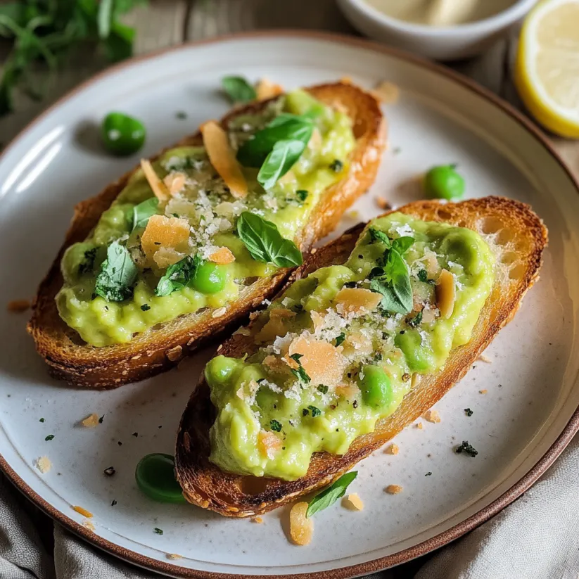 Two pieces of bread with fava beans and cheese on top.